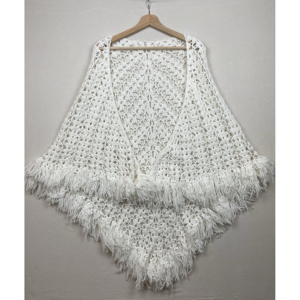 Boho Vintage Crochet Fringe Shawl Ivory White‎ Coachella Festival Coastal Love